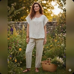 Christian Siriano New York 100% Linen Striped Button Front Top – Women’s